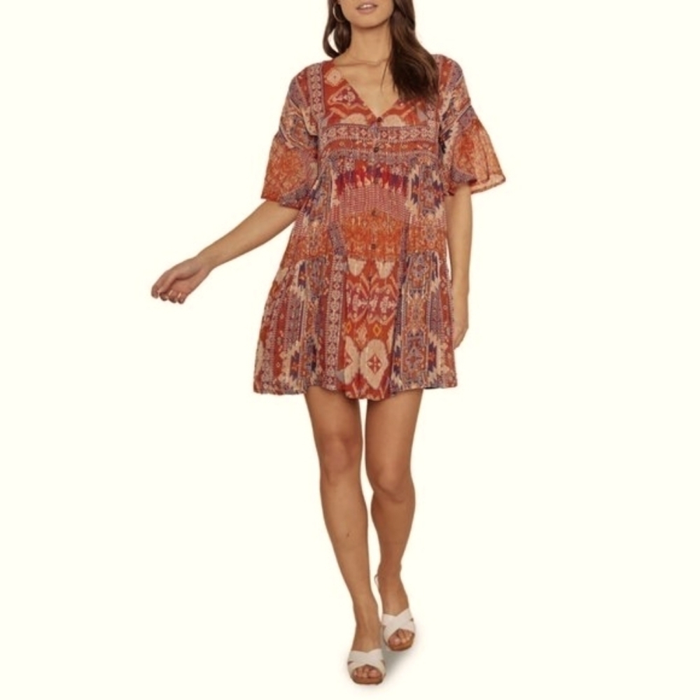 NWT RAGA Sunset Flutter Sleeve Dress Small Burnt Orange